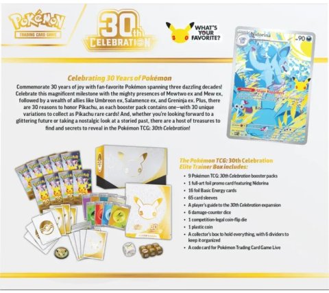 Pokémon 30th Celebration Elite Trainer Box rear packaging showing product contents