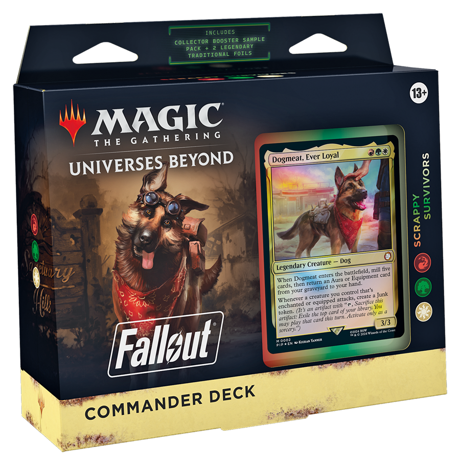 Magic: The Gathering Fallout Scrappy Survivors Commander Deck, left angled packaging view